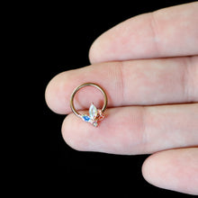 Load image into Gallery viewer, 16G 3/8 Aurora CZ Gem Rosy Tone Fleur de Lis Butterfly Hinged Segment Ring
