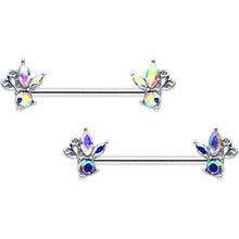 Load image into Gallery viewer, 14G 9/16 Aurora CZ Gem Fleur de Lis Butterfly Barbell Nipple Ring Set
