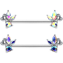 Load image into Gallery viewer, 14G 9/16 Aurora CZ Gem Fleur de Lis Butterfly Barbell Nipple Ring Set
