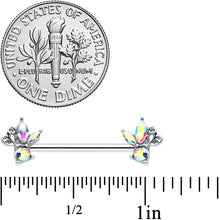 Load image into Gallery viewer, 14G 9/16 Aurora CZ Gem Fleur de Lis Butterfly Barbell Nipple Ring Set

