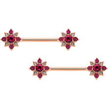 Load image into Gallery viewer, 14G Red Gem Rose Gold Tone Rococo Star Barbell Nipple Ring Set
