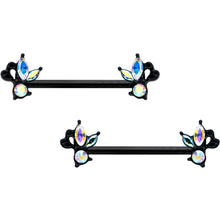 Load image into Gallery viewer, 14G 19mm Aurora CZ Gem Black Fleur de Lis Butterfly Barbell Nipple Ring Set
