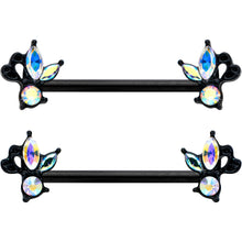 Load image into Gallery viewer, 14G 19mm Aurora CZ Gem Black Fleur de Lis Butterfly Barbell Nipple Ring Set

