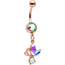 Load image into Gallery viewer, Aurora Gem Rose Gold Tone Fleur de Lis Butterfly Dangle Belly Ring
