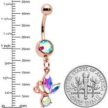Load image into Gallery viewer, Aurora Gem Rose Gold Tone Fleur de Lis Butterfly Dangle Belly Ring
