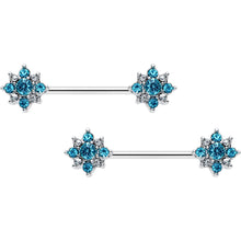 Load image into Gallery viewer, 14G 9/16 Clear Blue Gem Opulent Flower Barbell Nipple Ring Set
