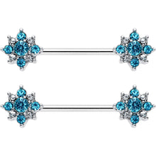 Load image into Gallery viewer, 14G 9/16 Clear Blue Gem Opulent Flower Barbell Nipple Ring Set
