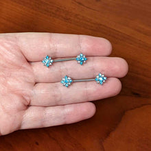 Load image into Gallery viewer, 14G 9/16 Clear Blue Gem Opulent Flower Barbell Nipple Ring Set
