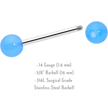 Load image into Gallery viewer, Light Blue Acrylic UV Glow Ends Barbell Tongue Ring

