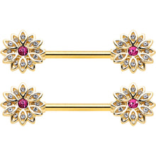 Load image into Gallery viewer, 14G 9/16 Clear Pink Gem Gold Tone Starry Flower Nipple Ring Set
