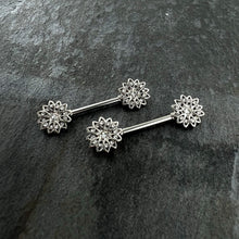 Load image into Gallery viewer, 14G 9/16 Clear Gem Rococo Starry Flower Barbell Nipple Ring Set
