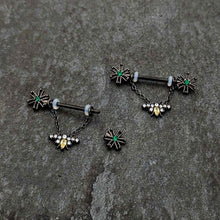 Load image into Gallery viewer, 14G 9/16 Yellow Gem Black Butterfly Chain Dangle Nipple Ring Set
