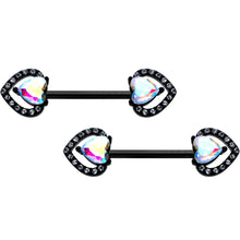 Load image into Gallery viewer, 14 G 9/16 Aurora Gem Black Rococo Heart Barbell Nipple Ring Set
