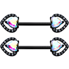 Load image into Gallery viewer, 14 G 9/16 Aurora Gem Black Rococo Heart Barbell Nipple Ring Set
