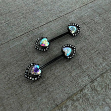 Load image into Gallery viewer, 14 G 9/16 Aurora Gem Black Rococo Heart Barbell Nipple Ring Set
