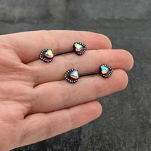 Load image into Gallery viewer, 14 G 9/16 Aurora Gem Black Rococo Heart Barbell Nipple Ring Set
