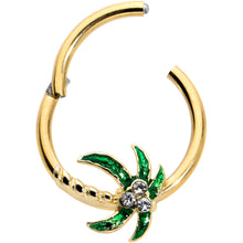 Load image into Gallery viewer, 16G 3/8 Clear Gem Gold Tone Palm Tree Style Hinged Segment Ring
