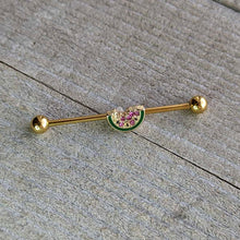 Load image into Gallery viewer, 14G Gold Tone Watermelon Bite Industrial Barbell 38mm
