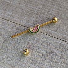Load image into Gallery viewer, 14G Gold Tone Watermelon Bite Industrial Barbell 38mm
