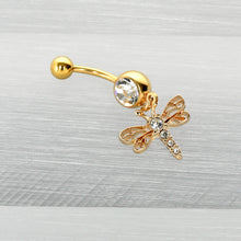 将图片加载到图库查看器，Clear Gem Gold Tone Flying Dragonfly Dangle Belly Ring
