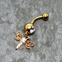 将图片加载到图库查看器，Clear Gem Gold Tone Flying Dragonfly Dangle Belly Ring
