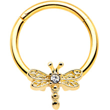 Load image into Gallery viewer, 16G 3/8 Clear Gem Gold Tone Flying Dragonfly Hinged Segment Ring
