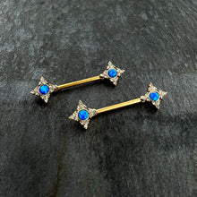 Load image into Gallery viewer, 14G 9/16 Blue Synthetic Opal Gold Tone Rhombus Nipple Ring Set
