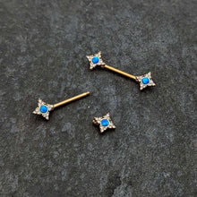 Load image into Gallery viewer, 14G 9/16 Blue Synthetic Opal Gold Tone Rhombus Nipple Ring Set

