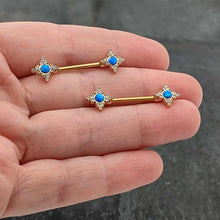 Load image into Gallery viewer, 14G 9/16 Blue Synthetic Opal Gold Tone Rhombus Nipple Ring Set
