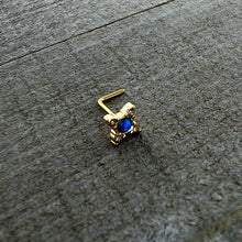 Load image into Gallery viewer, 20G 1/4 Blue Synthetic Opal Gold Hue Rhombus L Shape Nose Ring

