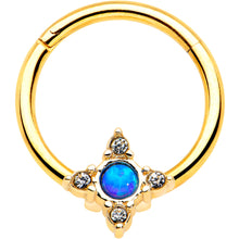 Load image into Gallery viewer, 16G 3/8 Blue Synthetic Opal Gold Hue Rhombus Hinged Segment Ring
