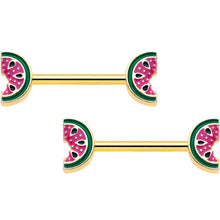 Load image into Gallery viewer, 14G 9/16 Gold Tone Watermelon Bite Barbell Nipple Ring Set
