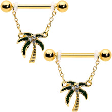 将图片加载到图库查看器，14G 9/16 Clear Gem Gold Hue Palm Tree Style Dangle Nipple Ring Set
