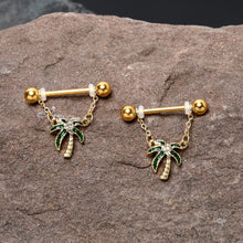 将图片加载到图库查看器，14G 9/16 Clear Gem Gold Hue Palm Tree Style Dangle Nipple Ring Set
