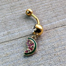 Load image into Gallery viewer, Clear Gem Gold Tone Watermelon Bite Dangle Belly Ring
