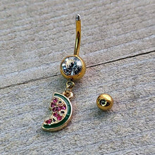 Load image into Gallery viewer, Clear Gem Gold Tone Watermelon Bite Dangle Belly Ring
