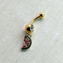 Load image into Gallery viewer, Clear Gem Gold Tone Watermelon Bite Dangle Belly Ring
