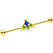Load image into Gallery viewer, 14G Blue Purple Gem Gold Tone Tropic Fan Industrial Barbell 38mm
