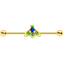 Load image into Gallery viewer, 14G Blue Purple Gem Gold Tone Tropic Fan Industrial Barbell 38mm
