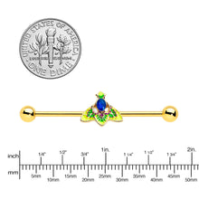 Load image into Gallery viewer, 14G Blue Purple Gem Gold Tone Tropic Fan Industrial Barbell 38mm
