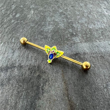 Load image into Gallery viewer, 14G Blue Purple Gem Gold Tone Tropic Fan Industrial Barbell 38mm
