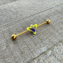 Load image into Gallery viewer, 14G Blue Purple Gem Gold Tone Tropic Fan Industrial Barbell 38mm
