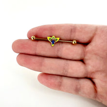 Load image into Gallery viewer, 14G Blue Purple Gem Gold Tone Tropic Fan Industrial Barbell 38mm

