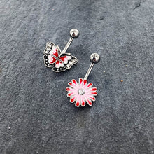 Load image into Gallery viewer, Clear Gem Red Light Pink Butterfly Flower Belly Ring Set of 2
