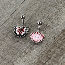 Load image into Gallery viewer, Clear Gem Red Light Pink Butterfly Flower Belly Ring Set of 2
