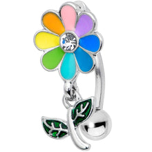 Load image into Gallery viewer, Clear Gem Rainbow Pride Flower Top Mount Dangle Belly Ring
