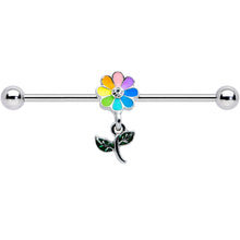 Load image into Gallery viewer, 14G Clear Gem Pride Rainbow Flower Dangle Industrial Barbell 38mm
