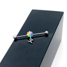 Load image into Gallery viewer, 14G Clear Gem Pride Rainbow Flower Dangle Industrial Barbell 38mm
