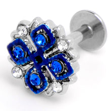 Load image into Gallery viewer, 16G 1/4 Clear Blue Gem Embellished Cross Labret
