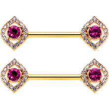 Load image into Gallery viewer, 14G 9/16 Clear Pink Gem Gold Tone Open Eye Barbell Nipple Ring Set
